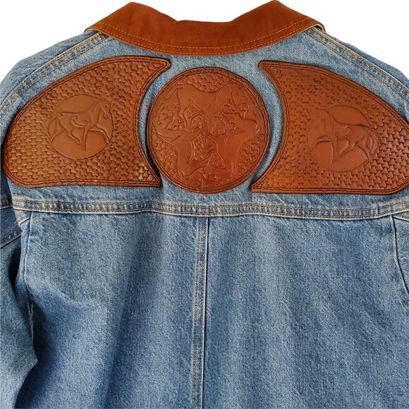 VTG SUNBELT Western Denim Duster Coat Women's M/L Tooled Leather Button Pockets - Picture 3 of 14